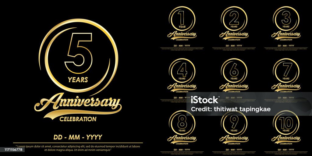 Satz von 1.-10 Jahre Jubiläum Feier Emblem. Jahrestag-Logo mit Eleganz von goldenen Ring auf schwarzem Hintergrund, Vektor-Illustration-Vorlage-Design für Feier Grußkarte und Einladungskarte - Lizenzfrei Jahrestag Vektorgrafik