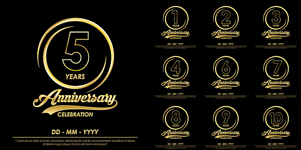 set of 1st-10th years anniversary celebration emblem. anniversary logo with elegance of golden ring on black background, vector illustration template design for celebration greeting card and invitation card