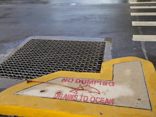 istock Drainage in the road with sign 1171158111