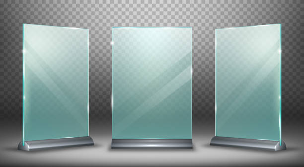 Acrylic display, glass plate with metal holder Acrylic display desktop or floor, glass plate with metal holder realistic vector illustration isolated on transparent background, front side view. Empty menu frame or ads with highlights and shadow. restaurant table side view stock illustrations