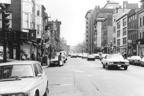 BOSTON / MA, USA - APRIL 1980. View of a busy Charles Street in the direction of the Boston Public Garden.