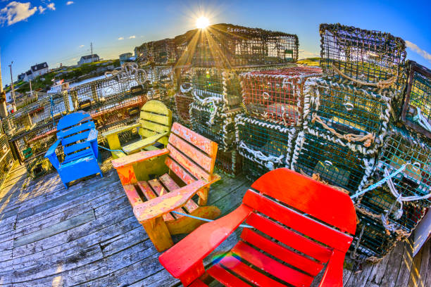 Stacked lobster pots in the town of Peggy's Cove in the province of Nova Scotia
