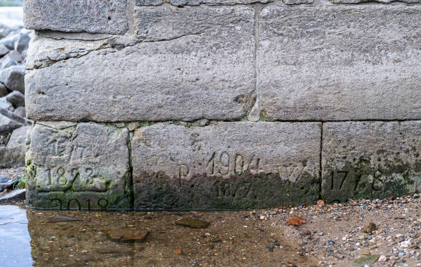 Low water markings at Pillnitz Low water markings engraved into stone with years indicated. These markings are also known as hunger markings. Recent record low year 2018 still visible. These markings are found at the Elbe rive at Pillnitz near Dresden, Germany. elbe river stock pictures, royalty-free photos & images