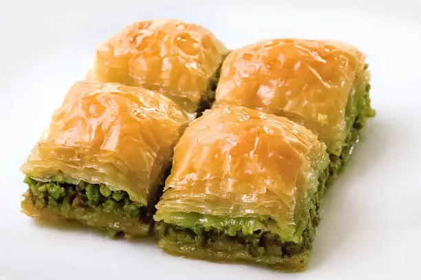 close up for turkish baklava on white background