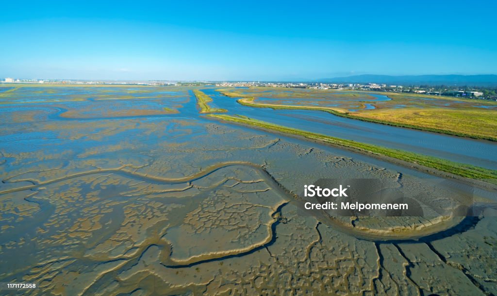 Estuary at Bair Island Marine Park in Redwood City, CA, Estuary at Bair Island Marine Park in Redwood City, CA, aerial view Island Stock Photo