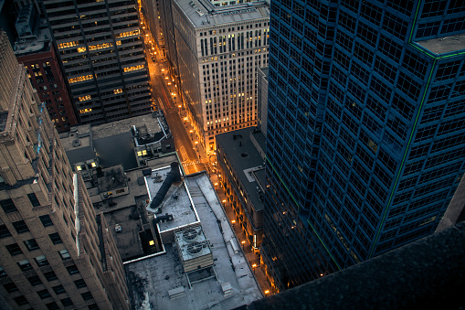 Aerial view of Lasalle Street in Chicago at dusk (neutral coloring)