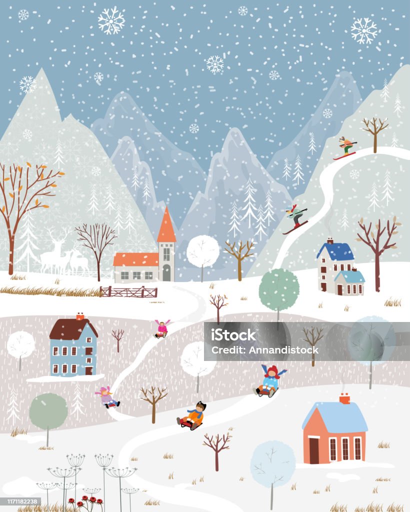 Vector Of Horizontal Banner Of Winter Wonderland At Countryside With Snow  Covering Happy With Kids Sledding In The Winter Park And Couple With Skiing  On The Mountain Stock Illustration - Download Image