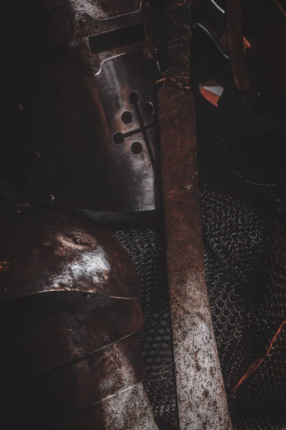 istock Still life at studio withs belt, ancient pedestal and helmets. 1171183625