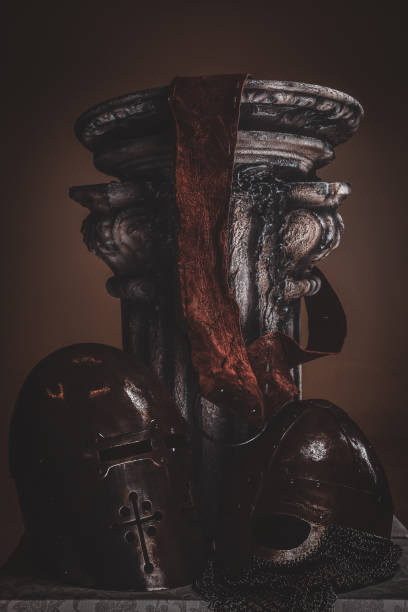 istock Still life at studio withs belt, ancient pedestal and helmets. 1171183889