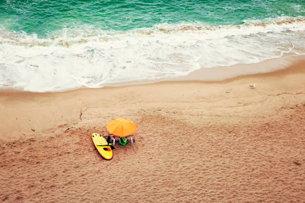istock umbrella and surf board at the seashore with waves breaking 1171187961
