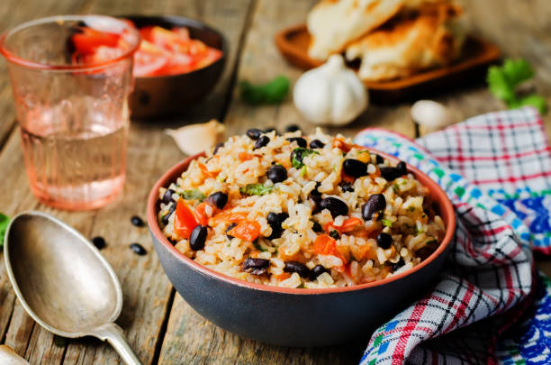 Mexican tomato black beans rice with cilantro