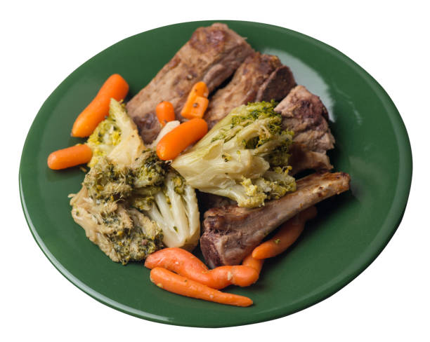 istock grilled pork ribs with broccoli cabbage, carrots and garlic on a plate. fried   ribs with vegetables on a white background. hearty rustic food top view 1171191993