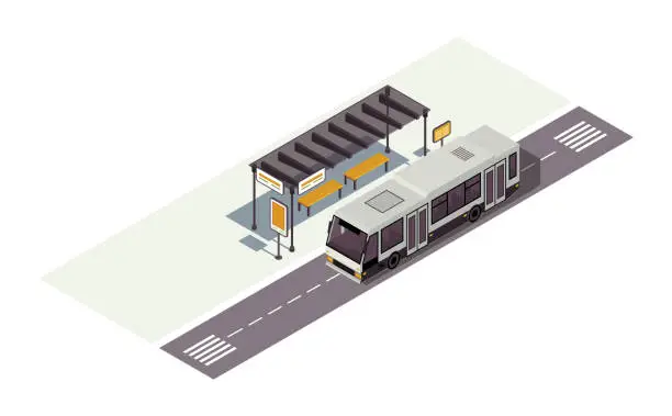 Vector illustration of Bus stop isometric color vector illustration. Waiting station. Public urban transportation infographic. City transport. Town traffic. Auto 3d concept isolated on white background