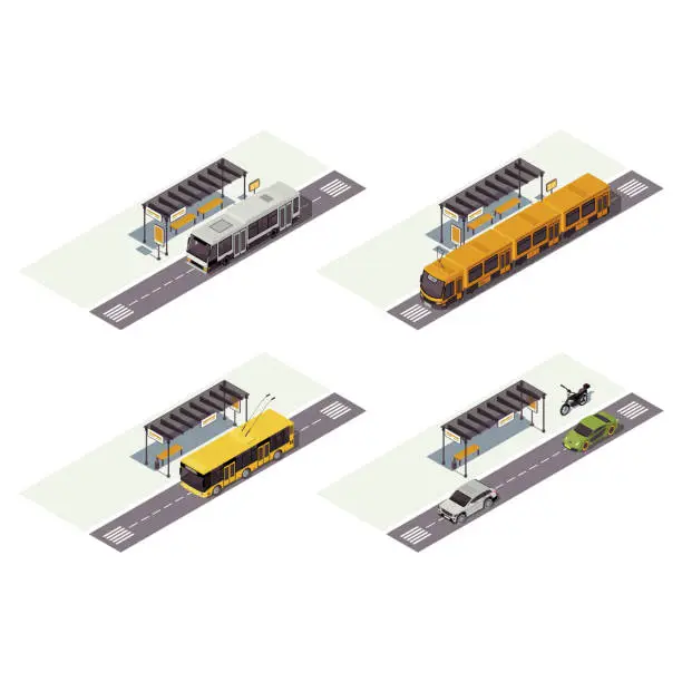 Vector illustration of City transport isometric color vector illustration. Public urban transportation infographic. Bus stop. Tram, trolleybus, cars and motorcycle. Auto 3d concept isolated on white background