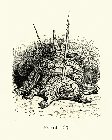 Vintage illustration from the story Orlando Furioso. Mythical toad warrior monster riding tortoise. Orlando Furioso (The Frenzy of Orlando) an Italian epic poem by Ludovico Ariosto, illustrated by Gustave Dore. The story is also a chivalric romance which stemmed from a tradition beginning in the late Middle Ages.