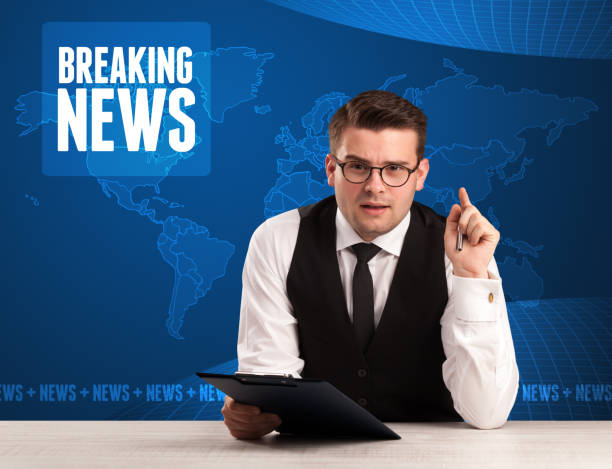 istock Television presenter in front telling breaking news with blue modern background 1171194085