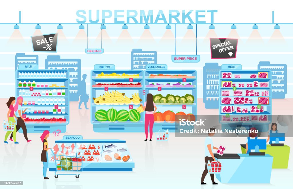 Supermarket Interior Flat Vector Illustration People Buying Goods In Grocery  Store Cartoon Characters Customers Choosing Products In Different  Departments Client Paying For Food At Cash Desk Stock Illustration -  Download Image Now -