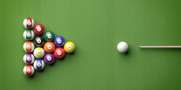 Billiard table, pool balls set on green felt. 3d illustration Cue ball, billiard table. Pool balls in a triangle shape and stick on green felt, top view. 3d illustration pool ball stock pictures, royalty-free photos & images