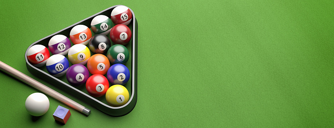 Billiard table, pool balls set in a triangle shape rack on green felt, banner, high angle view, copy space. 3d illustration