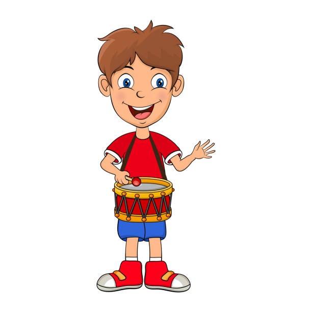 Little Boy With Drum Waving Hand Cartoon Design Isolated On White  Background Stock Illustration - Download Image Now - iStock