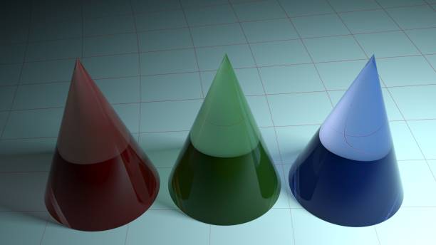 Red Green Blue glass cones on a white surface - 3D rendering illustration
