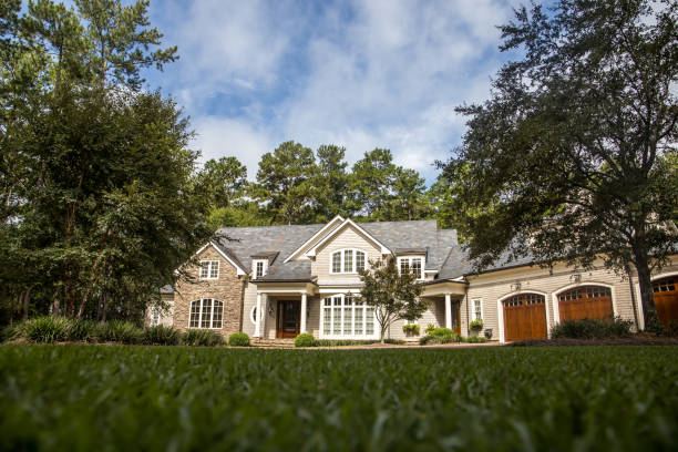 남쪽에있는 대형 부동산 주택의 전면 보기 - house residential structure colonial style landscape 뉴스 사진 이미지