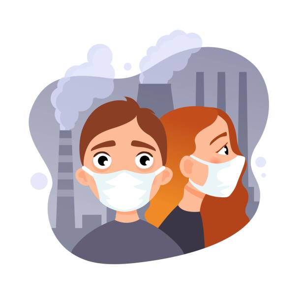 vektor-illustration von kindern in schutzmasken. - factory pollution smoke cartoon stock-grafiken, -clipart, -cartoons und -symbole
