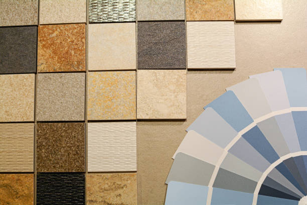 istock Material pattern with tiles and natural stone for bathroom and kitchen flooring and wall, planning for renovation interior work in an apartment building 1171215930