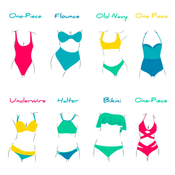 유행 수영복의 벡터 그림입니다. 여성 해변 옷의 다양한 유형. - bra lingerie clothesline underwear stock illustrations