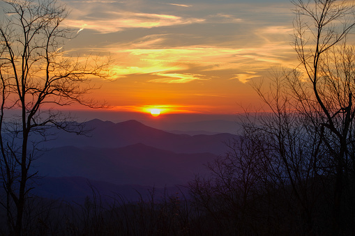 The beautiful sunset in the Appalachian Mountains. The view from the Cherohala Skyway at the border between Tennessee and North Carolina, USA