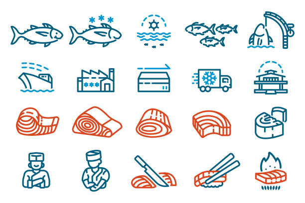The industry produces Tuna for sale to supermarket and restaurants. Icon for a seafood product features and production process. The industry produces Tuna for sale to supermarket and restaurants. Icon for a seafood product features and production process. upstream stock illustrations