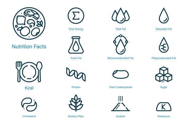 illustrations, cliparts, dessins animés et icônes de icône de faits de nutrition dans le modèle de contour approprié pour le produit et le contenu modernes d'étiquette. symboles des produits alimentaires communs de nutriments. - carbohydrate