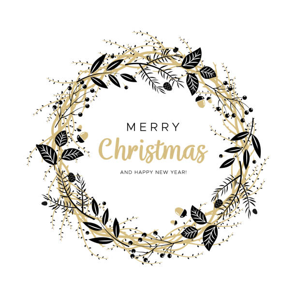 Christmas wreath with black and gold branches and pine cones. Unique design for your greeting cards, banners, flyers Vector illustration in modern style christmas pine cone frame branch stock illustrations