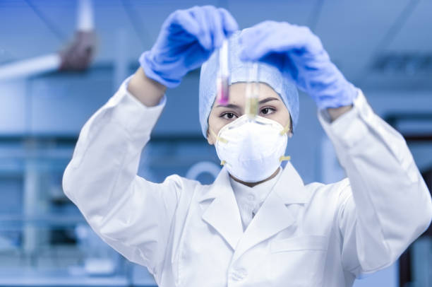 Female scientist looking at the scientific sample in the laboratory stock photo