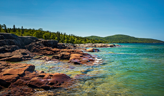 View from the Under the Volcano Trail on the beautiful rocky coast of Lake Superior at Neys Provincial Park, Ontario, Canada