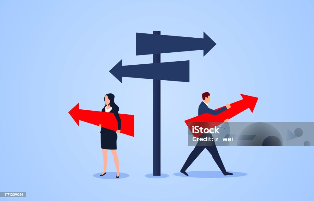 Male businessman and businesswoman choose different directions at the crossroads Direction stock vector