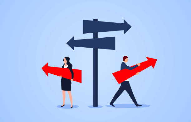 Male businessman and businesswoman choose different directions at the crossroads Male businessman and businesswoman choose different directions at the crossroads two people illustrations stock illustrations