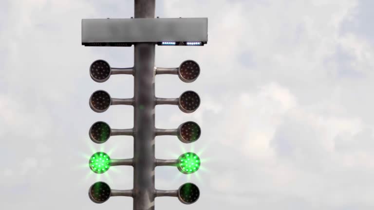 Drag racing street tree light. Stage lamp signal at quarter mile circuit.