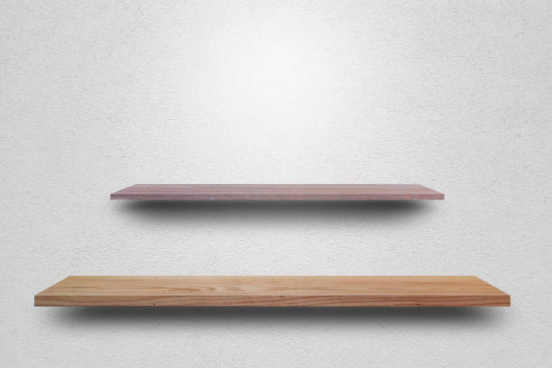 istock Front view empty wooden shelf and grey wall. Design concept 1171245989