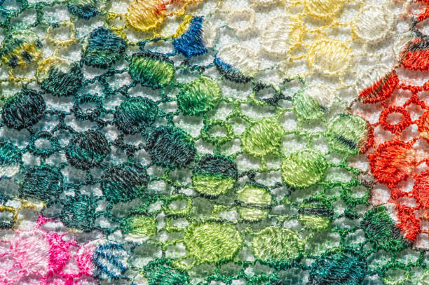 istock background texture; pattern. Cloth with glued lace stripes. Multicolored lace with sparkles; cording and metallic embroidery. Beautiful traditional lace for design 1171249714