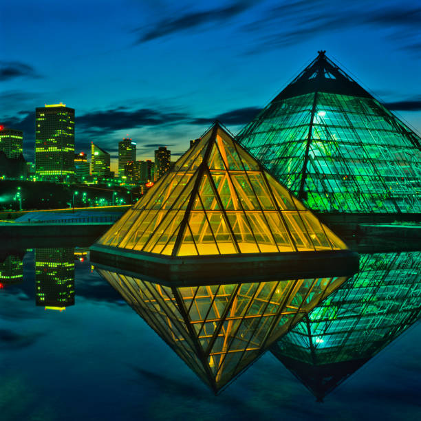 Buckminster Fullers 1967 geodesic dome against a cloudy sky.