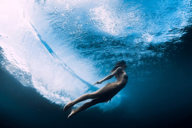 istock Woman in bikini dive without surfboard underwater with ocean wave. Duck dive under barrel wave 1171253018