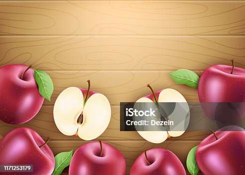 istock Red Fresh Apples Ripe Fruit 3D Realistic Banner with Leaves and Space for text 1171253179