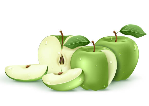 Green Fresh Apples Whole, Half and Sliced Wet and with Water Splash 3D Realistic Green Fresh Apples Whole, Half and Sliced Wet and with Water Splash 3D Realistic in Isolated White Background Vector Illustration green apple slices stock illustrations