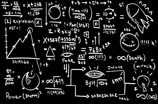 Illustration of hand drawn design sketch of rockets, robots, machines and engineering formula with black background. Illustration of hand drawn design sketch of rockets, robots, machines and engineering formula with black background. drawing of a advanced math formulas stock illustrations