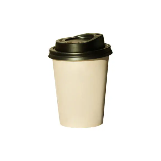 Coffee to go on a white background isolated. Brown kraft paper cup with black lid, hot drinks take away, shop, cafe. Lifestyle concept, front view. Mockup for your brand name.