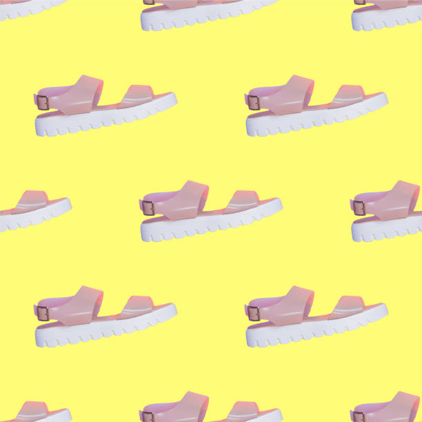 Seamless pattern of many pink sandals with white platform on yellow background. Collage art. Fashion trendy and stylish concept of clothes