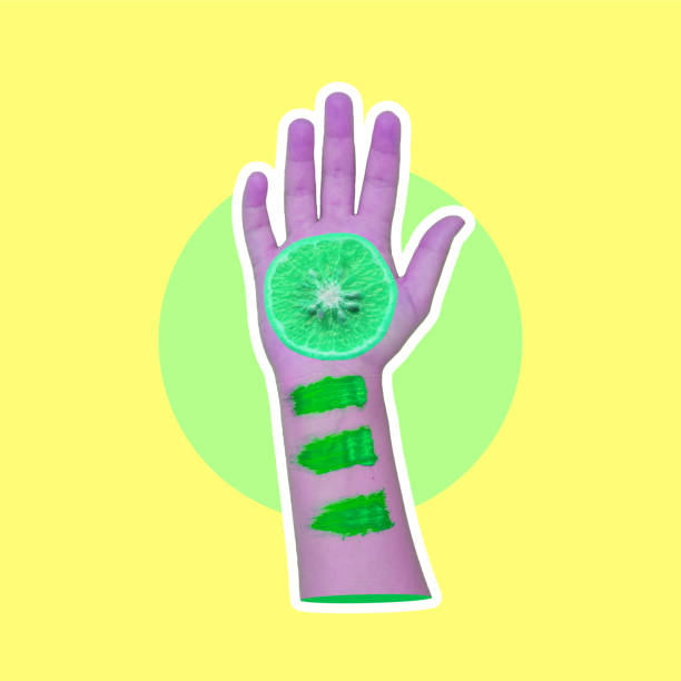 alien purple hand holds green orange fruit. collage art - psychedelic funky yellow orange imagens e fotografias de stock