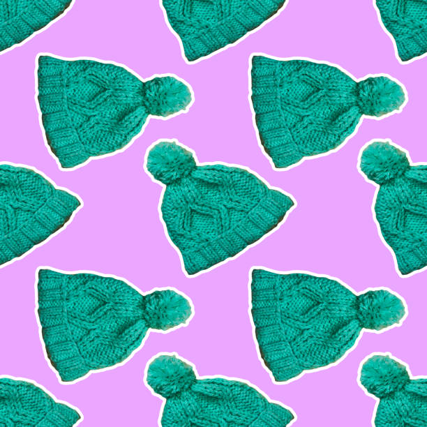 Seamless pattern of many knitted beanie hats. Collage art