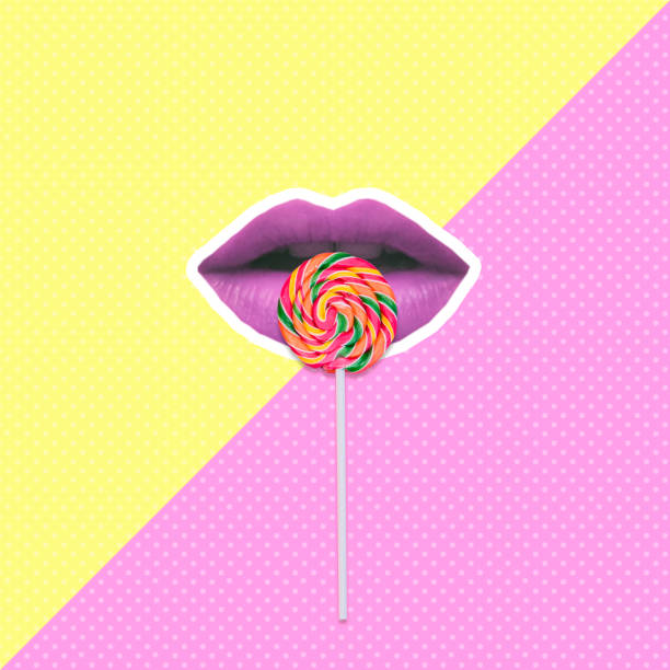 Purple alien woman lips bite round lollipop. Collage art Purple alien woman lips bite round lollipop. Collage art candy in mouth stock pictures, royalty-free photos & images